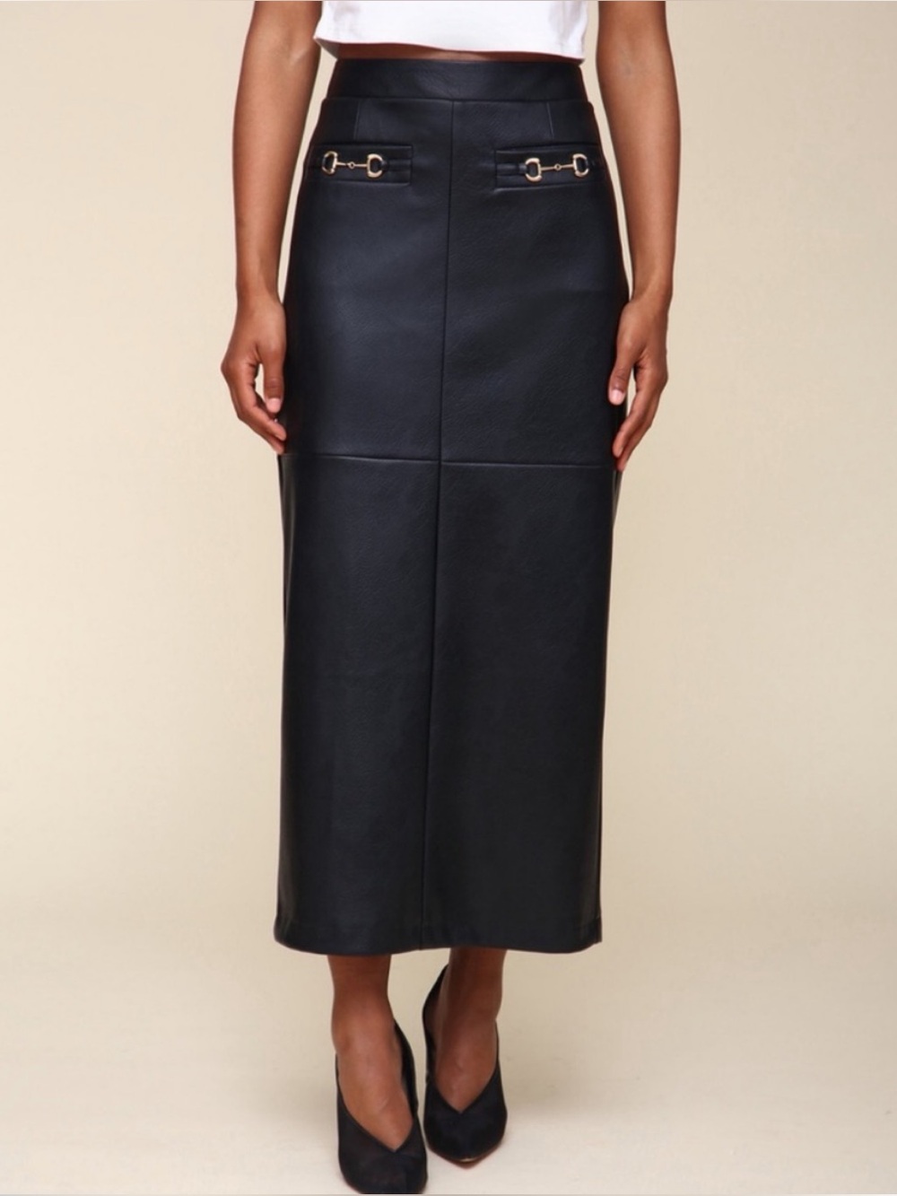 7 For All Mankind Horsebit Gold buckle Maxi Long Faux Vegan Leather Skirt Large